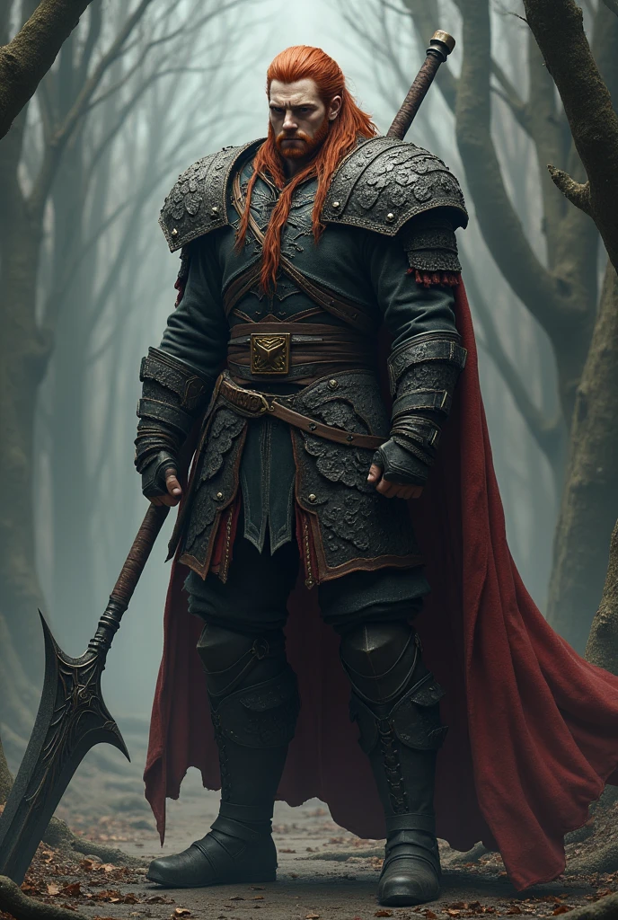Character Diluc Ragnvindr from the game Genshin Impact. Hair gathered in a ponytail at the back of the head. In the hands of a claymore. Clothes in the style of the witcher