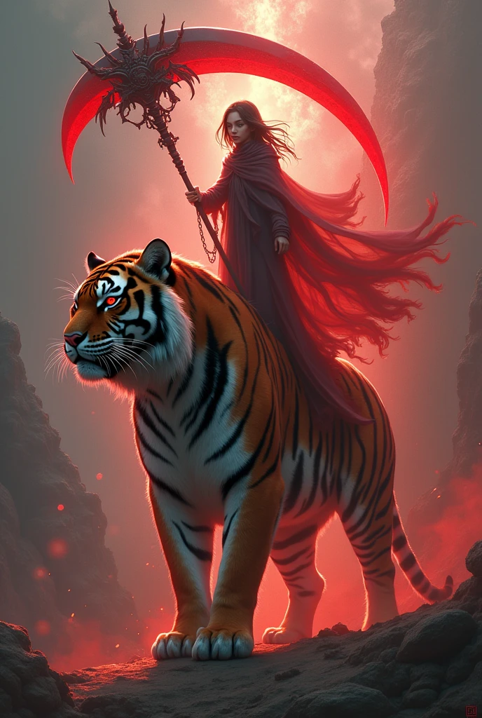Kid A big scythe Red aura On top of a giant tiger with red eyes White stripes on the arms