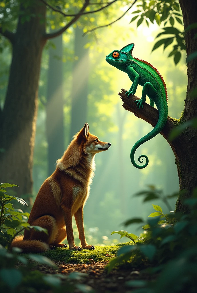 A green chameleon and a brown she-wolf