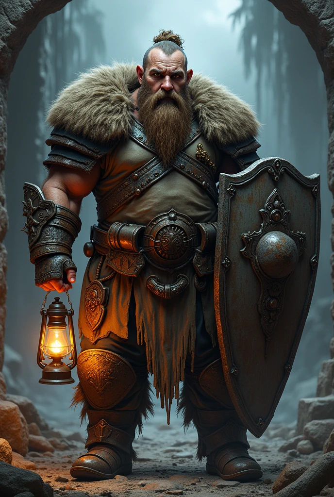 A dark grim fantasy dwarf wearing rusty full armour, fit man, with a long beard short hair, holding a lantern in one hand and a shield with the other, an ancient spell book tied to his belt