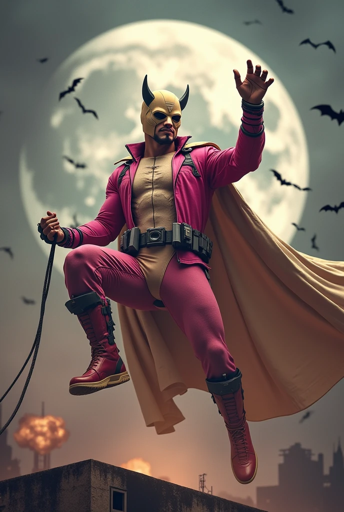 Malaysia man in high-tech suit, vivid effects, malaysian superhero (KELUANG MAN) in a striking pink and beige costume cyberpunk design, mask small mini bat ear beige, daredevil beige mask, jumpsuit dark pink stands confidently in a dramatic.jumping from high place.hero costume.one hand rise up. Big triangle logo on the chest.high detail Punisher logo on the chest. Fighting pose , stormy landscape. ((Head covered node guard like batman. Running pose , athletic body type, small mini ear bat mask))The character wears domino mask a helmet with pointed mini torn ears and a flowing cape biege, open nose and mouth. Equipped with visible futuristic weapons on a belt,bullet proof jacket pink dark day.show fingers pose, dark night, big supermoon effect . Small logo on chest triangle shape small punisher logo center(( skull triangle Casey Jones mask shape logo)) center on chest pink logo mini logo . rocky. Building top.smoke ground , bomb effect background, losse pants, losses costume.adding to --ar 3:4 --style raw --stylize 500 --v 6.1. chaos. Lot of small flying bat. One leg on the high stone. Man . Real man age 40 year old. One hand holding belt.one hand holding black rope hanging on building. Big pant pink. Beige cape joodie.(( Loose pant)) , jump on high building))