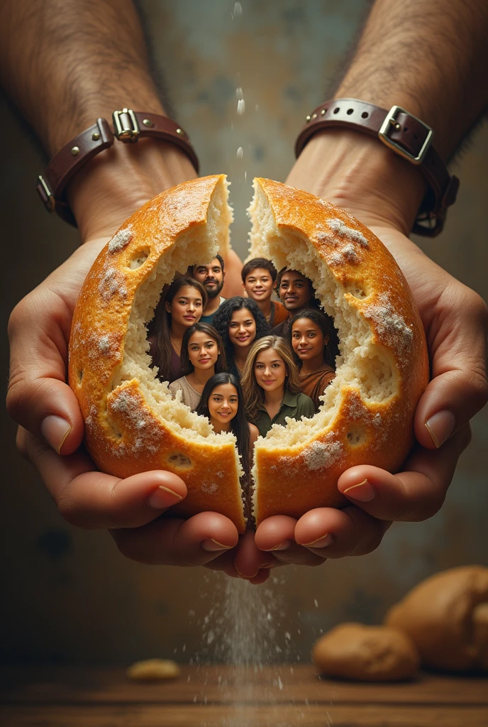 Two hands breaking a homemade loaf of bread in half and young people from various cultures emerging from the bread 