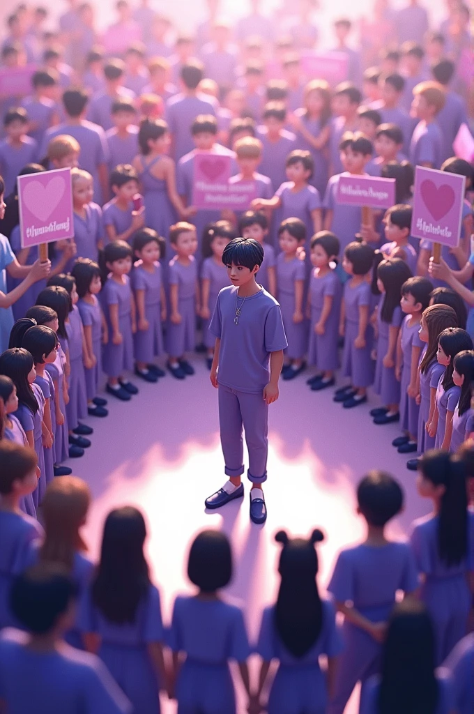 Create an image of BTS's Yoongi standing in the center of a circle formed by fans. The fans are holding hands, forming a protective barrier around the idol. All the fans are dressed in shades of purple, representing your love and support. Some of them hold banners and posters with messages of encouragement., as '#WeLoveYoongi' e '#BTSis7.' In the center, the idol has a serene expression and is dressed casually, with a soft light that highlights the scene. The atmosphere of the image should be warm and full of affection.