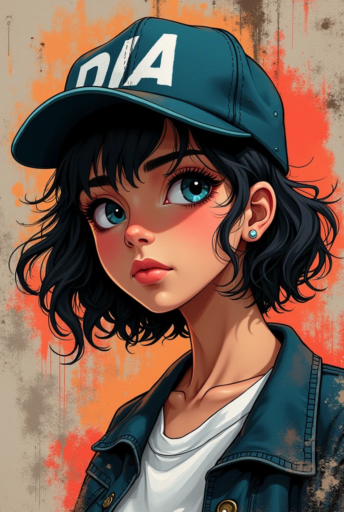 create a graffiti style head of a girl with a cropped, wavy head and a cap with a straight brim turned back with a small earring in the ear