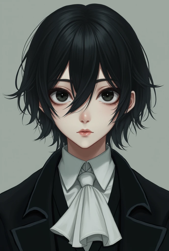 A young man with black hair and two face length bangs with white tips on the ends, black empty eyes, oval face shape, soft and sharp features at the same time, straight nose with a little bump, thin, white blouse with cravat, black vest with black coat. 