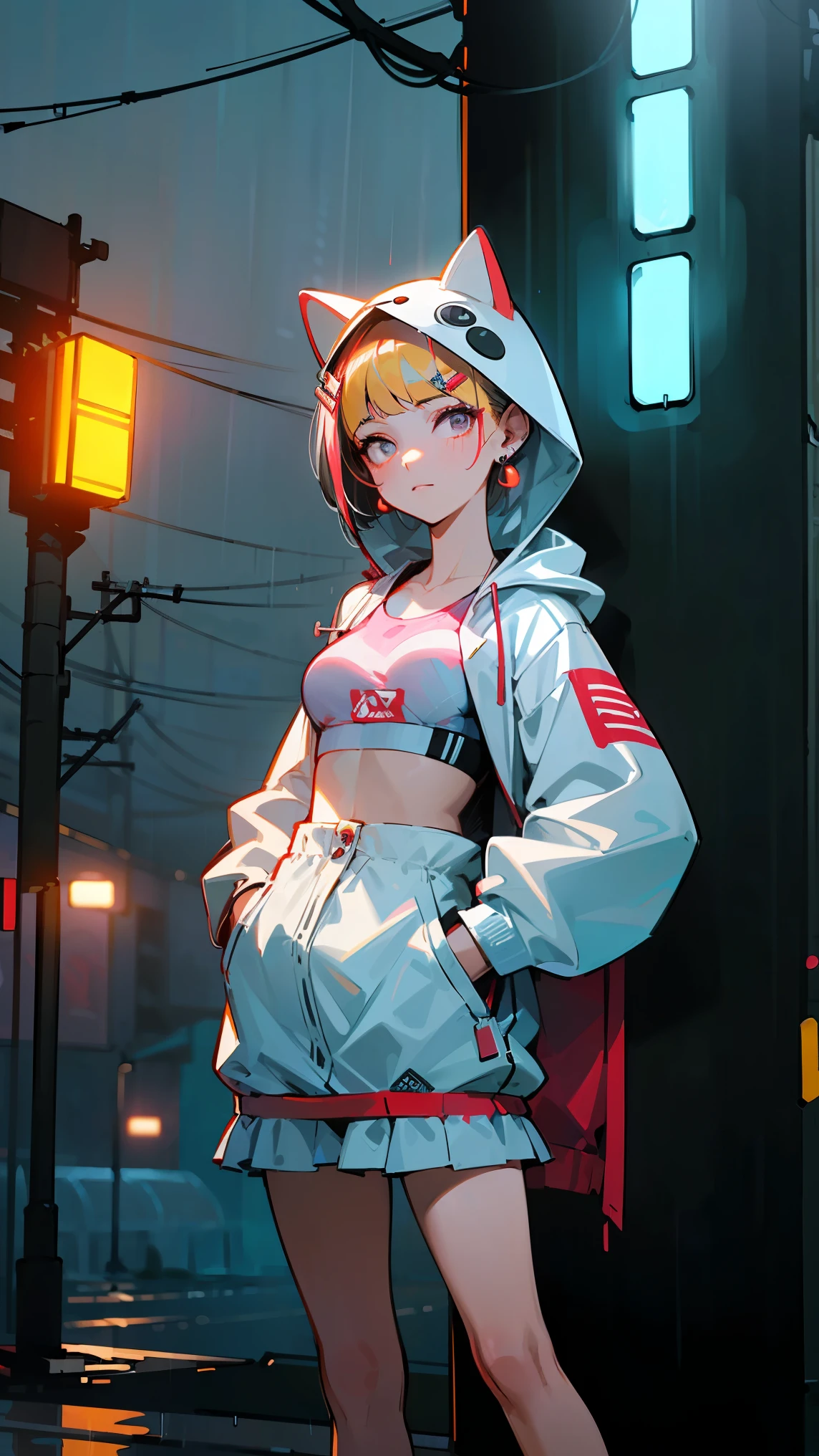 ((((sports bra,animal hood，))))((hands in pockets,))(Masterpiece illustration,Beautiful and aesthetic:1.2,aim to viewers), Best quality,Top quality, Epic quality,((((rainy night in a cyberpunk city with glowing neon lights,outdoor,))))(moonlight,moon glare, god light,at night,upper upper shot,focus on face,))Neat face,,mature,Beautiful detailed hair，blonde hair，hyper HD, retinas, Textured skin, A high resolution, 16k ，((hairclip,steep bangs,sidelocks,short hair,bow on hair)),Detailed face, 1JK, lady,Solo, Perfect face, Very amazing girl,((,puffs sleeves,red streaked white trace shirt,frills,sundress,metal earrings,spiral earrings)),rim-light