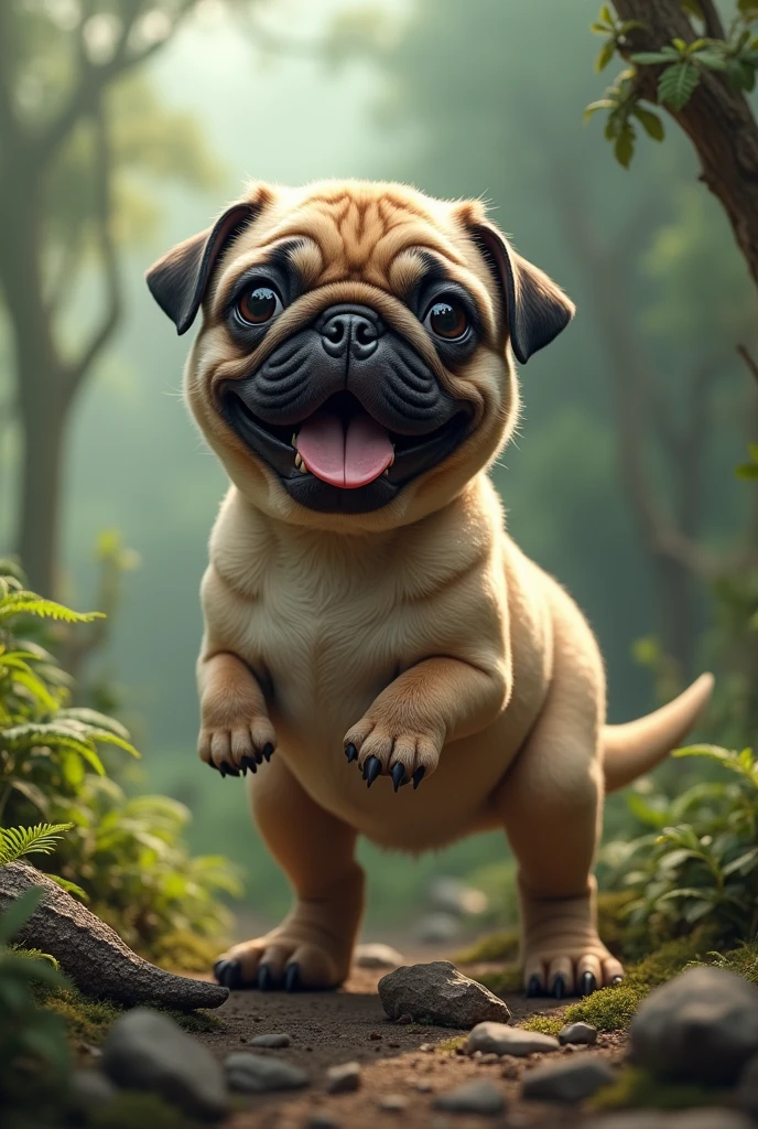 Super cute pug puppy fused with tyrannosaurus