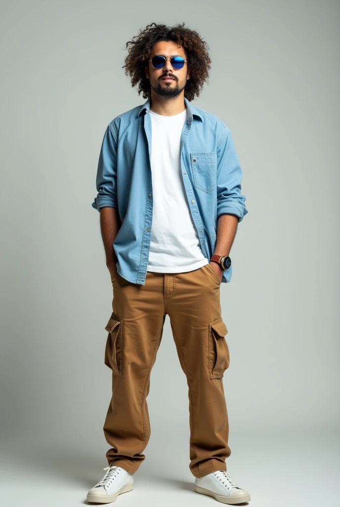 Average height ma n...wearing medium baggie light brown  cargo pants and white sneakers....white t shirt and sky blue shirt above t shirt.....analog watchon left  with brown leather band....very long hair  curly at the tips and hanging over the shoulders and with aviator sunglasses with blue tint one face..... Light moustache and slight hairs on the chin and clean shaved cheeks