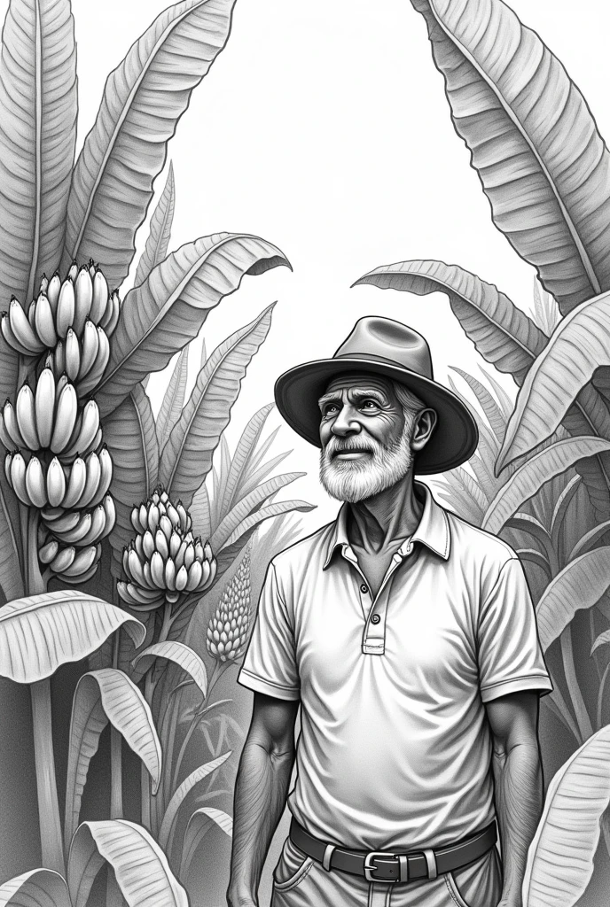 Easy to draw black and white drawing of a happy man with beard and hat on a banana plantation .
Place the man looking at the bananas hanging from the plants, Make the man a little further back and older , Put more hanging banana plants , places the man looking at the hanging bananas , puts the lord further away , Put more bananas hanging on all the banana plants, Place the most realistic bananas and the slightly younger man not so much 
