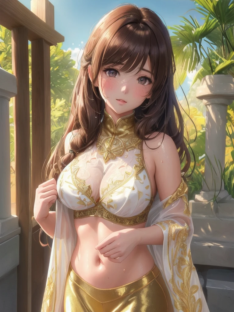 (long shot of a young anime girl:1.4),(solo:1.4),(1girl:1.4),(__hair__:1.3,brown hair),(__eye__:1.3),(__clothes__:1.3),(navel:1.1),(__pose__:1.3),(__background__:1.2),(__kozu__:1.2),(detailed face:1.3),(beautiful detailed eyes:1.3),(slightly parted lips:1.2),(shy embarrassed expression:1.3),(flushed cheeks:1.2),(slender body:1.2),(large breasts:1.3),(masterpiece:1.2),(best quality:1.3),(ultra high res:1.2),(wet clothes),(sweat),(Soft Light),(detailed skin texture:1.4),(detailed hair strands:1.4),(intricate background details:1.3),(fine line art:1.4),(vibrant color palette:1.3),(realistic light and shadow:1.4),(highly detailed fabric texture:1.3),(metallic sheen:1.3),(see-through),(warm colors:1.3),(golden lighting:1.3),(bright lighting:1.3),(sunlight:1.2),(soft shadows:1.2),(photorealistic:1.1),lora:cuteGirlMix4_v10:0.5,lora:koreanDollLikeness_v15:0.3)