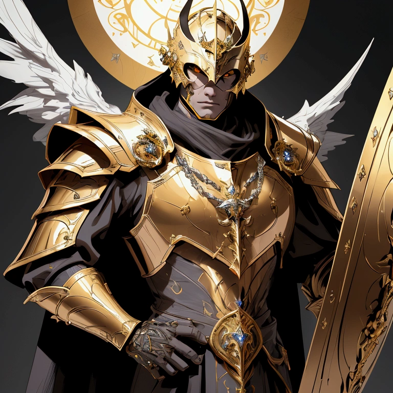(Masterpiece:1.2), envision an intricate, 8k, highres, realistic, cinematic, dynamic, close up portrait of a faceless golden knight man clad in great armor with a grand helmet with bright white eyes with a large body in a dark fantasy style against a dark gray background, (Velstadt The Royal Aegis)