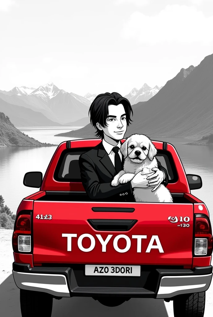 man with medium long hair dressed in black suit with a pekingese dog in his arms in a red hilux truck with lake titicaca landscape background black and white cartoon drawing style
