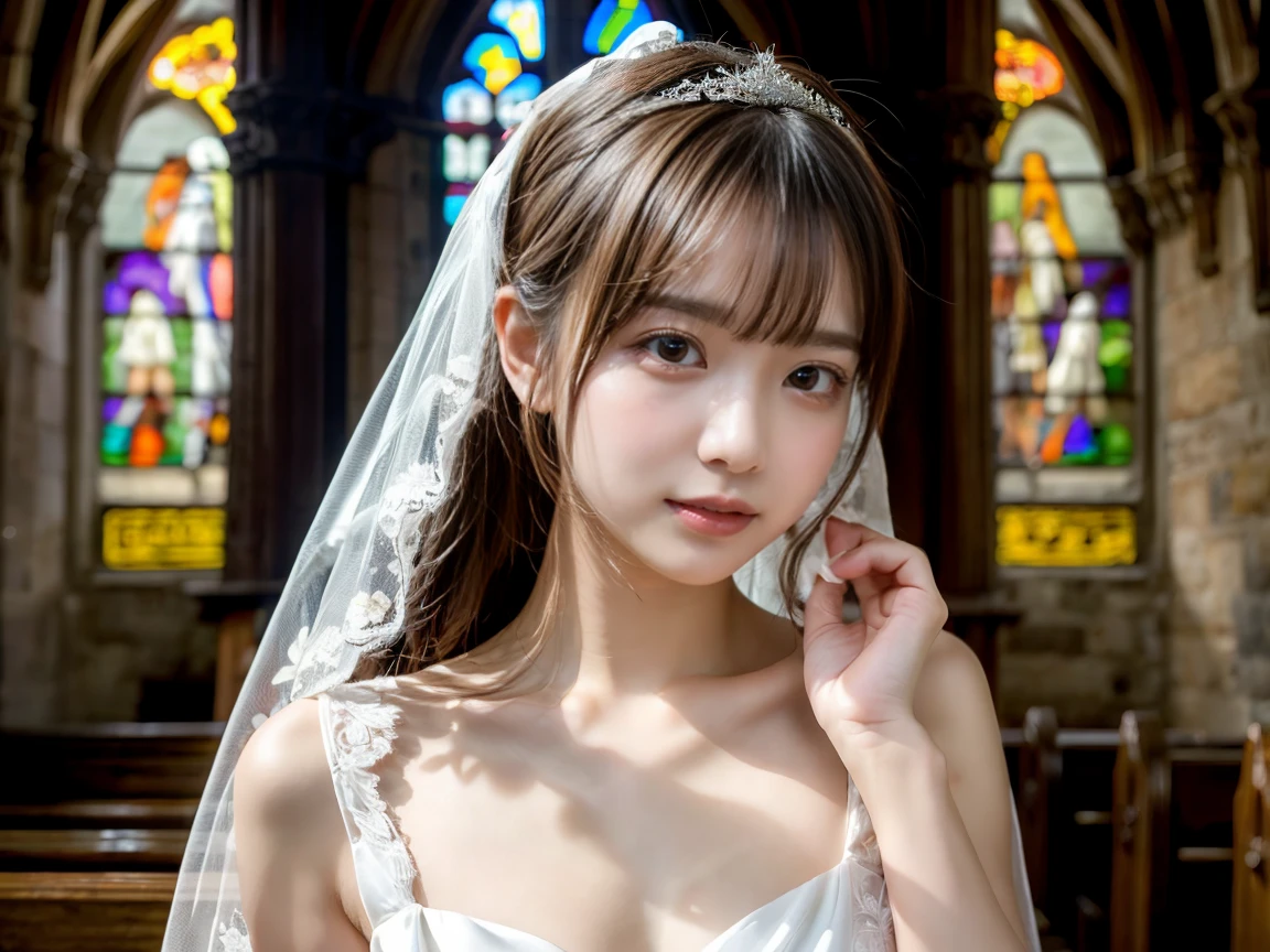 high resolution, photorealistic, hyperrealism, ultra sharpness, detailed eyes, best light, BREAK, 1girl, japanese, idol, kawaii, 18yo, silk skin, (looking at viewer), BREAK, (nsfw, sex with 1man:1.5), vaginal, BREAK, (white gorgeous chiffon wedding dress with romantic floral lace, bridal veil:1.3), (medieval church:1.5)