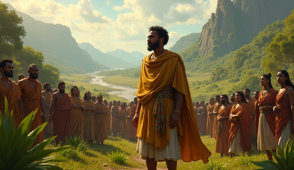 Ménélik, now a strong and confident young man, returns to Ethiopia, greeted by a crowd of people in a lush, fertile valley. He carries sacred artifacts, including the Ark of the Covenant, which radiate a soft, golden light. The landscape is green and vibrant, with distant mountains and rivers visible in the background. The people are joyous, welcoming their new leader with open arms.