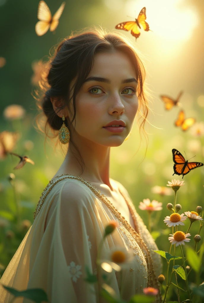 ,masterpiece, best quality,8k, ultra highres,Reallightandshadow,Cinema lenses,(beautidful eyes:1.1) full body short ((The scene is,The upper part of the body)),dynamicposes,On a green meadow,A gentle goddess came with a gentle step。She wore a pakistan suti little bit deep dress on boobs A gentle breeze blows,The pakistan sutidances lightly。The sun shines through the leaves on her hair,Reflecting her clear eyes and gentle smile。Colorful butterflies flew around her,Flowers bloomed at her feet,It was as if nature was cheering for her。