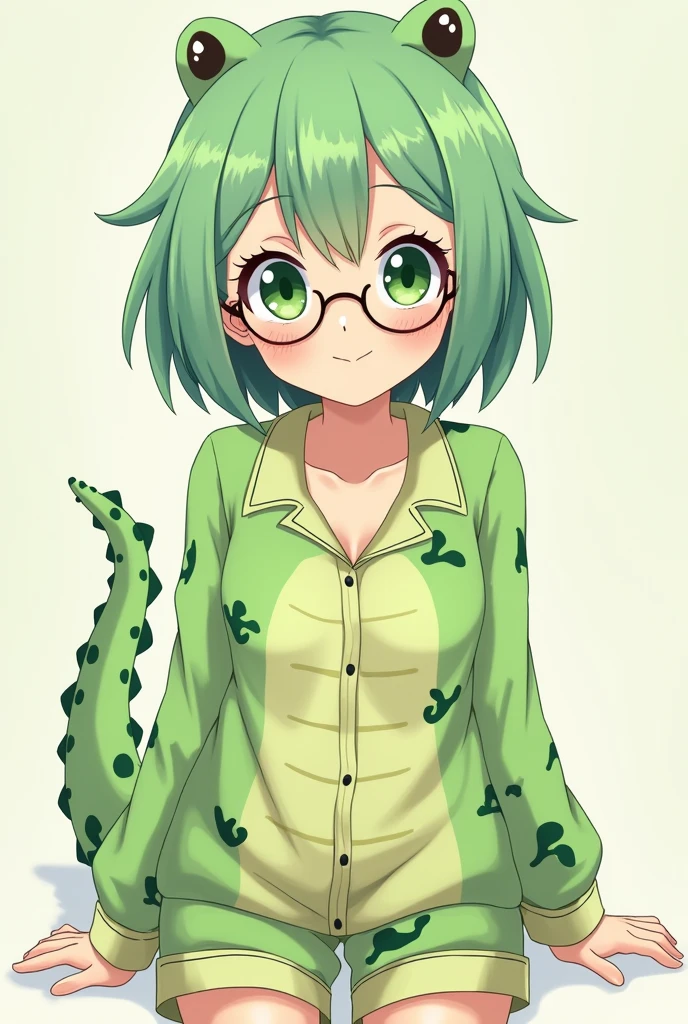 an anime girl with green hair and alligator pajamas, with round glasses, without the bottom, to use as a banner