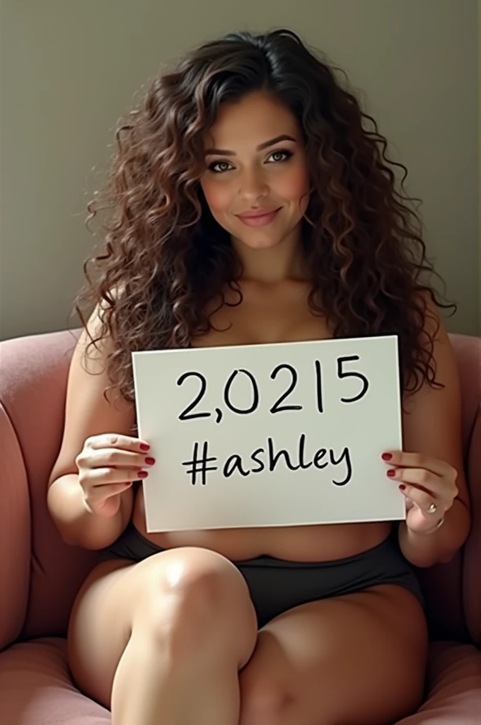 A brunette girl with curly hair and big breasts sits with her legs stretched out, holding a handwritten sign showing today’s date and #ashley taking a realistic photo
