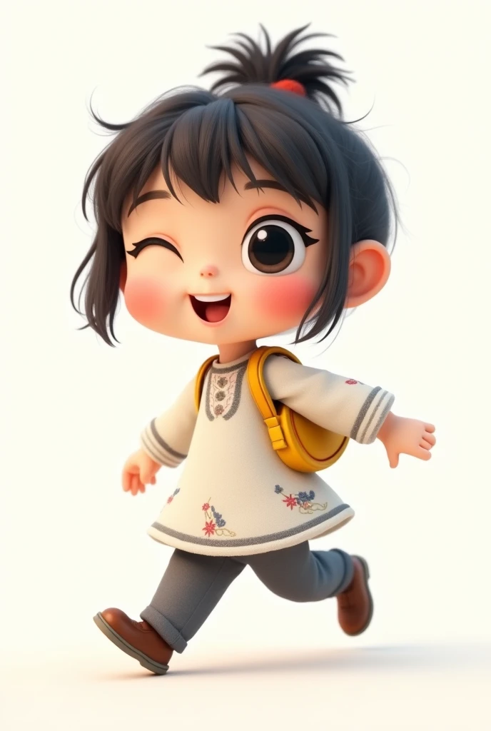 A cute Japanese girl with a big head and a , her hair is fluffy and messy tied in a pill head, big eyes, one eye blinking,doe mouth, playful and cute, wearing aong cotton and linen embroidered shaft, a pair of grey cotton and linen straight legged pants, a yellow shoulder bag,striding forward, 3D ilustration, 8k, on white background