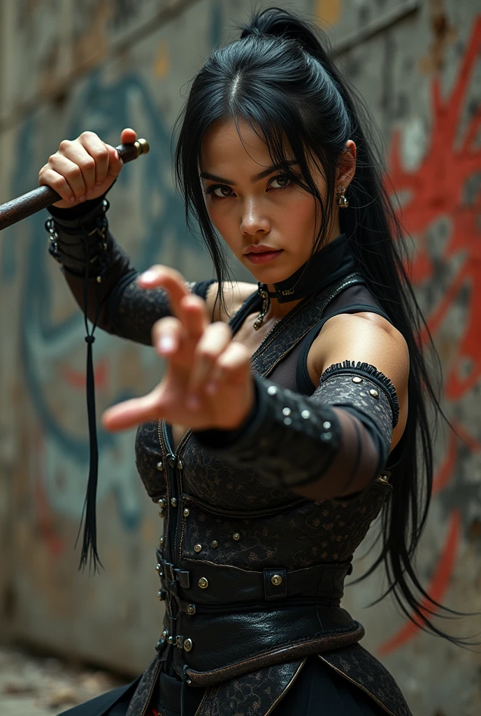 Cute bruce lee gothic female fighting stance, heroic stance pose, boxing stance, in a fighting pose, 3D effect ultra-detailed intricate insanely full HD, full body portrait, hyperrealist artwork by Iván Pili , close-up portrait, extreme close-up, wide-angle shot, spotlight embroidery, accents, intense gaze, expressive eyes, nunchakus pose toned body, , , (steampunk), heroic proportions, epic fantasy concept, gong li, Bai Ling, , over-the-shoulder shot, Chung Li, graffiti dragon painting behind on wall,