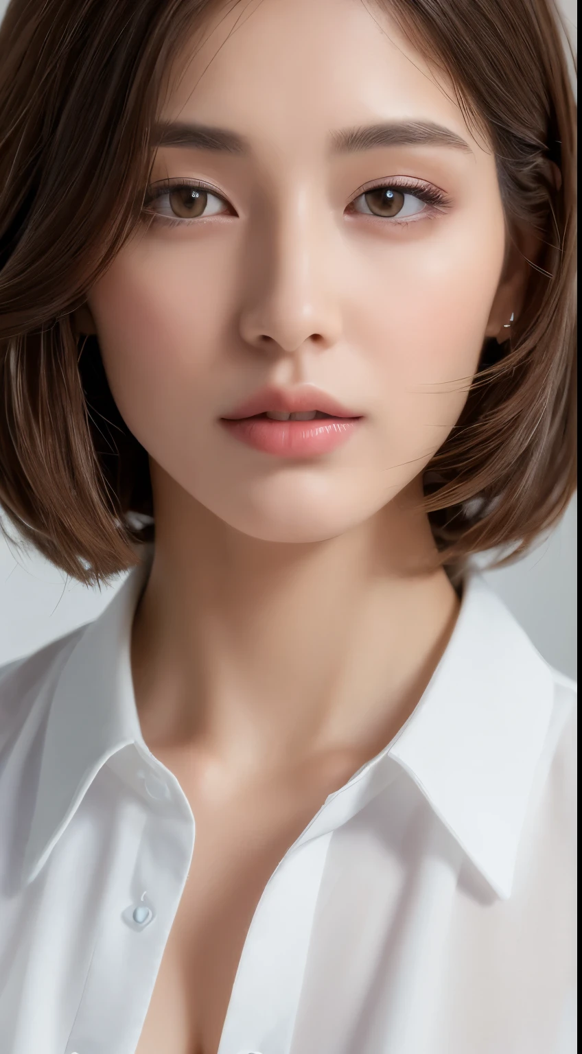 ((Best Quality, 8K, Masterpiece: 1.3)), Sharp: 1.2, Perfect Body Beauty: 1.4, Slim Abs: 1.2, ((Layered Hairstyle, Big Breasts: 1.2)), (Wet White Button Long Shirt: 1.1), Highly detailed face and skin texture, detailed eyes, double eyelids, side face looking at the camera