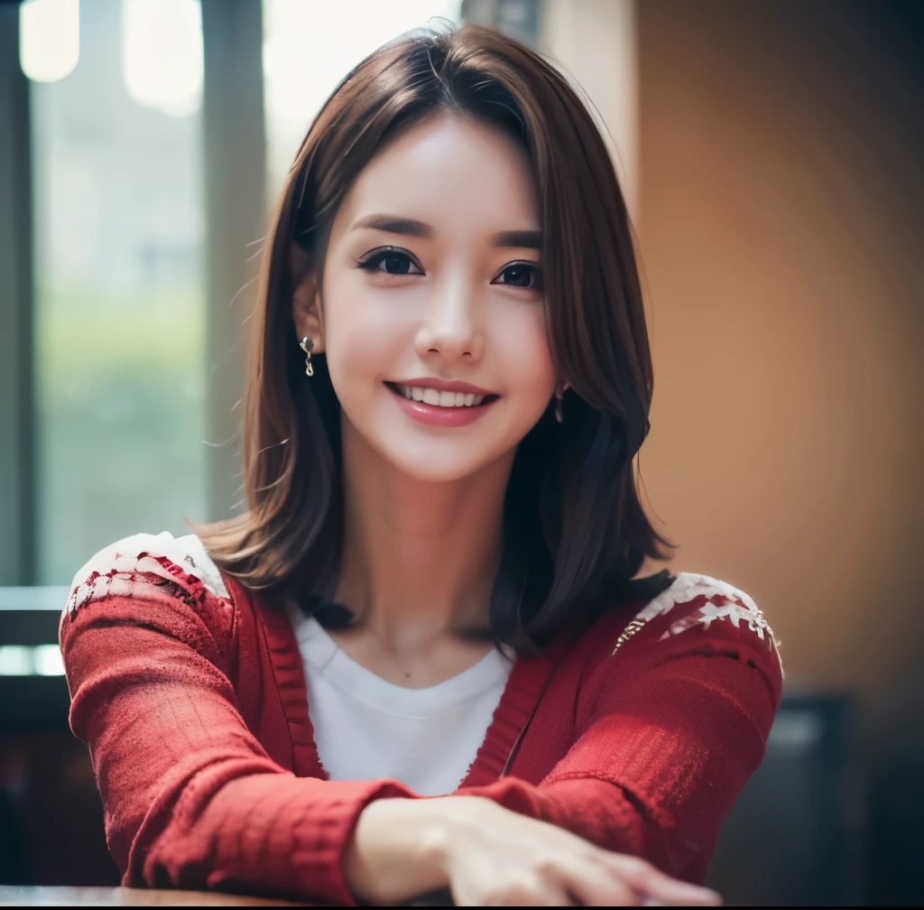 A close-up of a cute woman with a warm and inviting expression, leaning slightly forward with her arms open wide as if she is asking for a hug. Her face should be full of affection and kindness, with a soft smile and gentle eyes. The background should be softly blurred to keep the focus on her face and outstretched arms. The overall atmosphere should be intimate and comforting, creating a sense of being warmly welcomed."Additional Parameters:Style: Realistic, soft focusLighting: Gentle, natural lighting that highlights her warm expressionColors: Soft, natural tonesComposition: Close-up on the woman’s face and upper body, with arms reaching out towards the viewerEnvironment: Background softly blurred, with the primary focus on the woman's warm and inviting expression