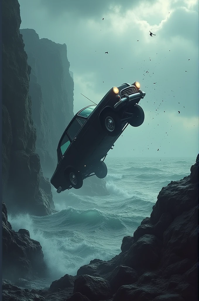 Car falling on rocks in the sea.