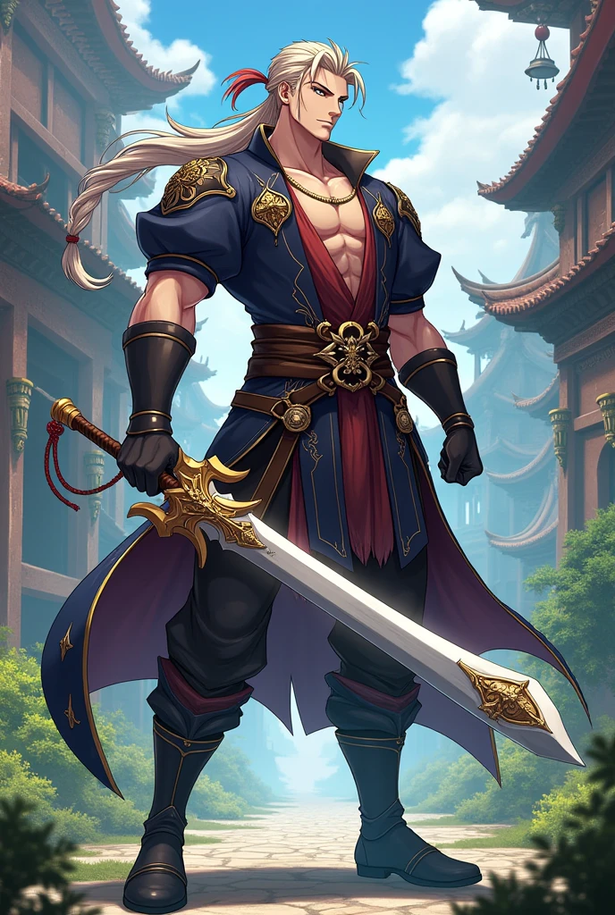 Character Diluc Ragnvindr from the game Genshin Impact. Hair gathered in a ponytail at the back of the head. In the hands of a claymore. Clothes in the style of the witcher. The drawing style is like in the game Genshin Impact