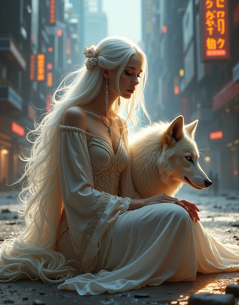 a woman with long white hair sitting on the ground with a wolf next to her, cyberpunk art, fantasy art, wojtek fus, epic digital painting, epic digital art illustration, wlop painting style, artstyle andree wallin, wlop art