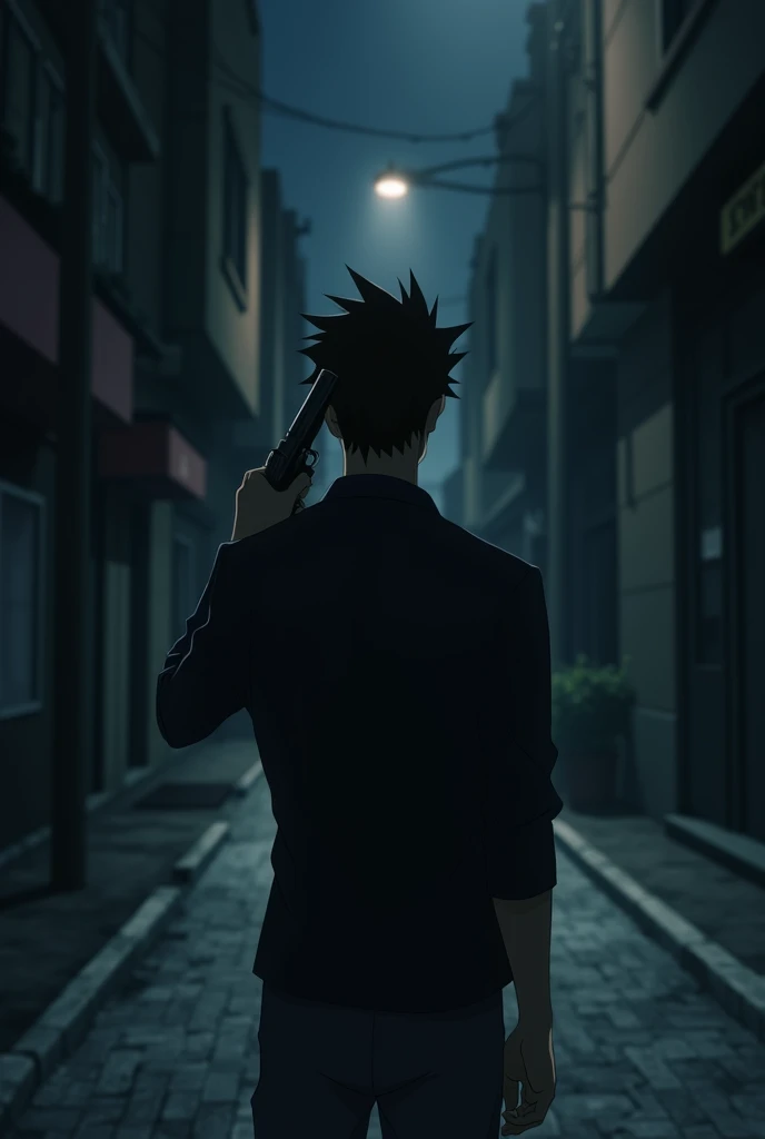 The image is anime style with shadows and dim lights, anime style although somewhat adult and dark, It shows a man with his back turned pointing the tip of a gun at his head with a gun. The background of the image is a street road.