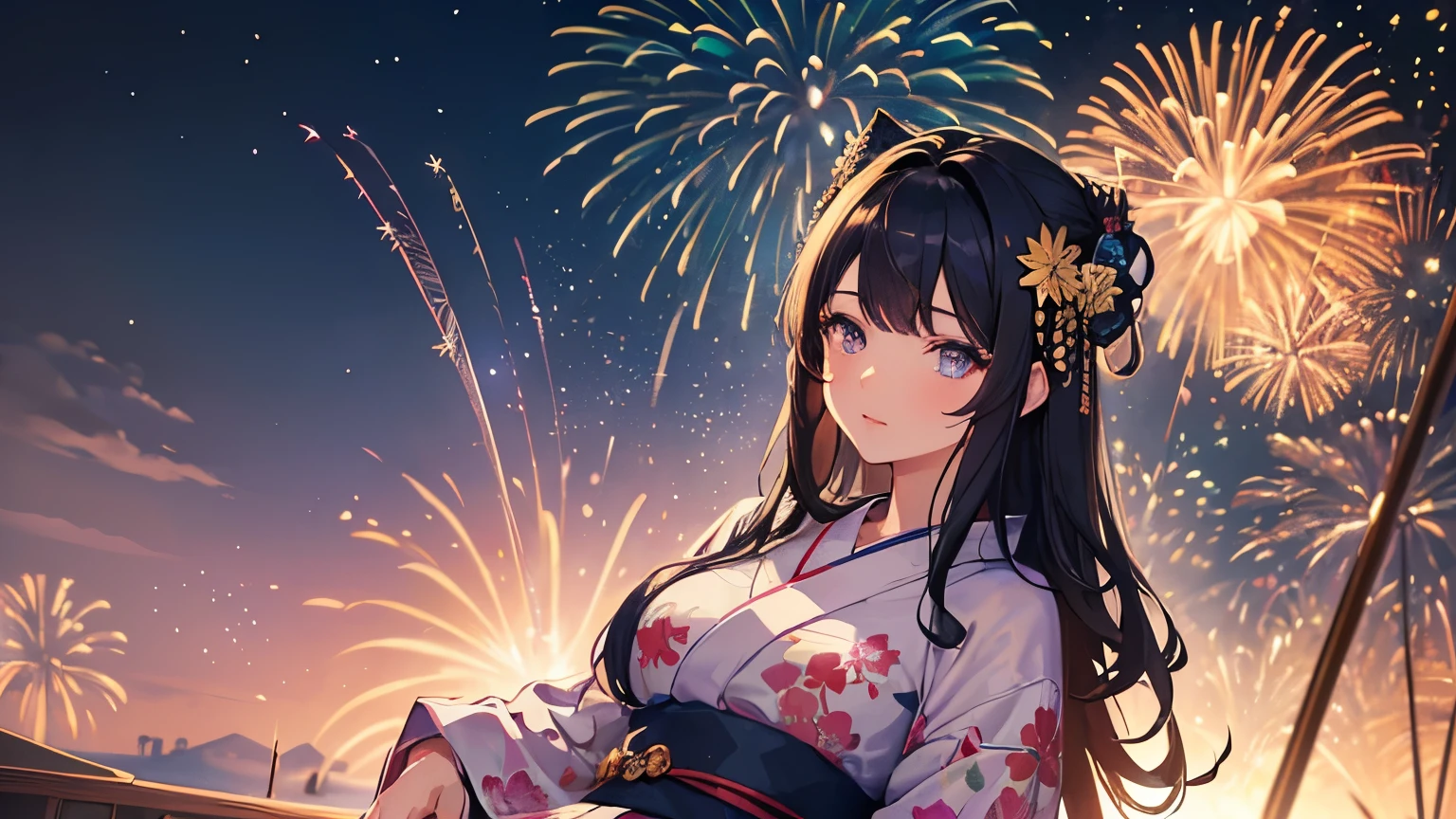 masterpiece,highest quality,(((Super Detailed Woman1))),Super detailed face,Super detailed eye,yukata,Sitting,day time,Fantasy,Calm,nebula,8k High resolution,(((firework)))