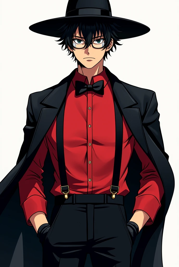 (Artwork), (Line art style from the Hellsing Ultimate anime), (8K), 1 tall man, medium brown skin, short curly black hair, wearing a wide black hat, wearing a red dress shirt with a black bow tie, wearing pants with black suspenders, wearing two black gloves, wearing white lens glasses, wearing a black leather haori, serious look.