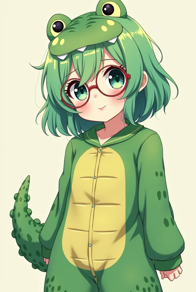 an anime girl with green hair and alligator pajamas, with round glasses, without the bottom, to use as a live banner.