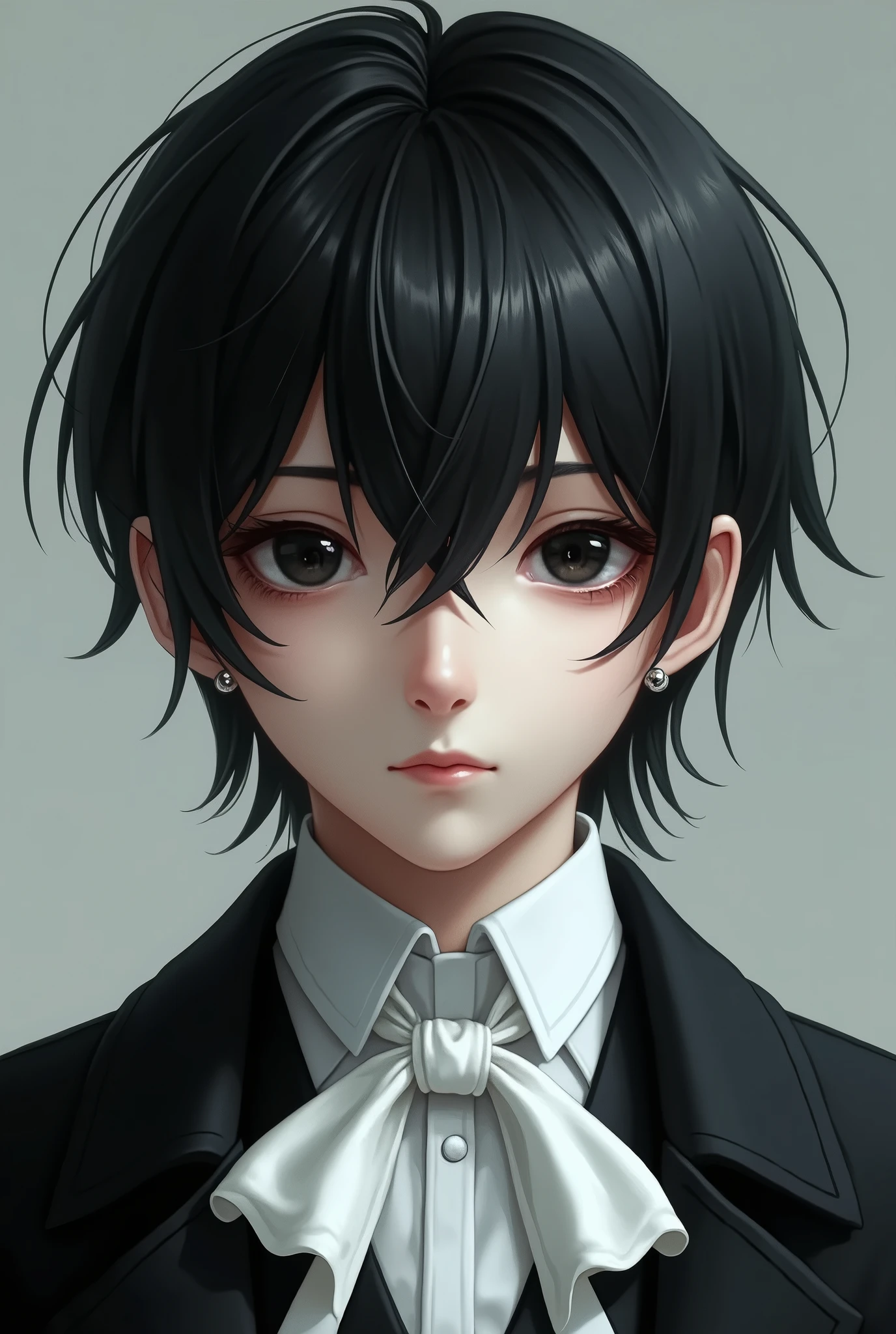A young man with black hair and two face length bangs with white tips on the ends, black empty eyes, oval face shape, soft and sharp features at the same time, straight nose with a little bump, thin, white blouse with cravat, black vest with black coat.