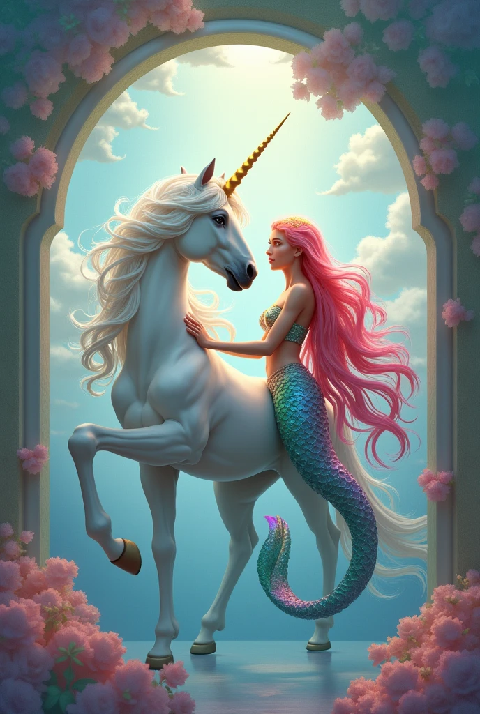 Unicorn in frame with mermaid and rainbow colored hair