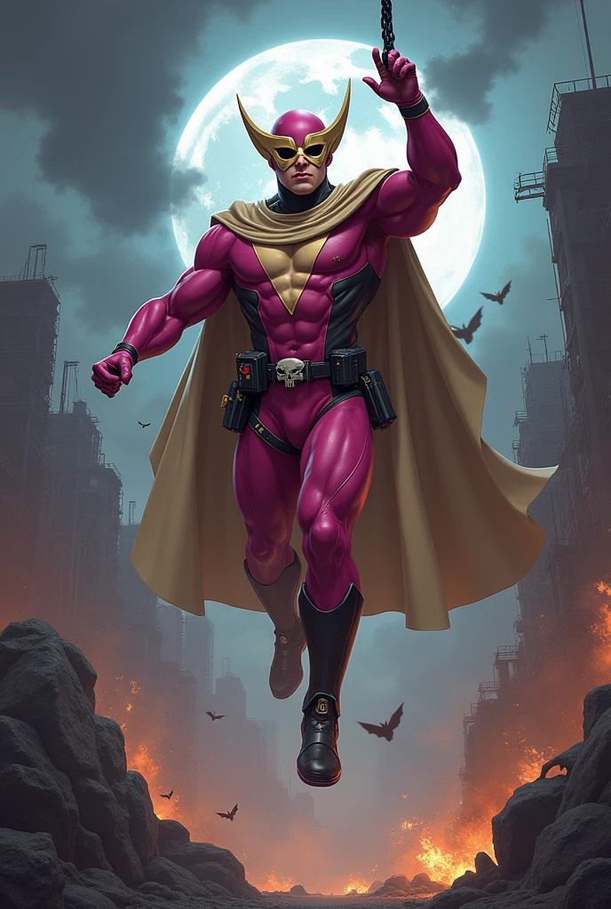 Malaysia man in high-tech suit, vivid effects, malaysian superhero (KELUANG MAN) in a striking pink and beige costume cyberpunk design, mask small mini bat ear beige, daredevil beige mask, jumpsuit dark pink stands confidently in a dramatic.jumping from high place.hero costume.one hand rise up. Big triangle logo on the chest.high detail Punisher logo on the chest. Fighting pose , stormy landscape. ((Head covered node guard like batman. Running pose , athletic body type, small mini ear bat mask))The character wears domino mask a helmet with pointed mini torn ears and a flowing cape biege, open nose and mouth. Equipped with visible futuristic weapons on a belt,bullet proof jacket pink dark day.show fingers pose, dark night, big supermoon effect . Small logo on chest triangle shape small punisher logo center(( skull triangle Casey Jones mask shape logo)) center on chest pink logo mini logo . rocky. Building top.smoke ground , bomb effect background, losse pants, losses costume.adding to --ar 3:4 --style raw --stylize 500 --v 6.1.falling effect chaos. Lot of small flying bat. One leg on the high stone. Man . Real man age 40 year old. One hand holding belt.one hand holding black rope hanging on building. Big pant pink. Beige cape joodie.(( Loose pant)) , jump on high building))
