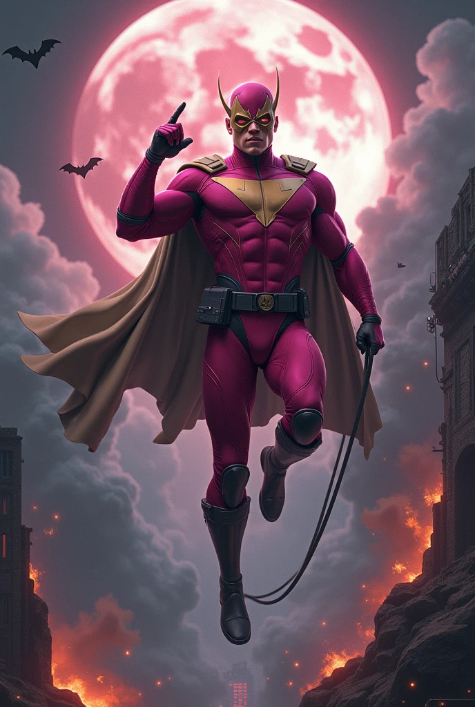 Malaysia man in high-tech suit, vivid effects, malaysian superhero (KELUANG MAN) in a striking pink and beige costume cyberpunk design, mask small mini bat ear beige, daredevil beige mask, jumpsuit dark pink stands confidently in a dramatic.jumping from high place.hero costume.one hand rise up. Big triangle logo on the chest.high detail Punisher logo on the chest. Fighting pose , stormy landscape. ((Head covered node guard like batman. Running pose , athletic body type, small mini ear bat mask))The character wears domino mask a helmet with pointed mini torn ears and a flowing cape biege, open nose and mouth. Equipped with visible futuristic weapons on a belt,bullet proof jacket pink dark day.show fingers pose, dark night, big supermoon effect . Small logo on chest triangle shape small punisher logo center(( skull triangle Casey Jones mask shape logo)) center on chest pink logo mini logo . rocky. Building top.smoke ground , bomb effect background, losse pants, losses costume.adding to --ar 3:4 --style raw --stylize 500 --v 6.1.falling effect chaos. Lot of small flying bat. One leg on the high stone. Man . Real man age 40 year old. One hand holding belt.one hand holding black rope hanging on building. Big pant pink. Beige cape joodie.(( Loose pant)) , jump on high building))