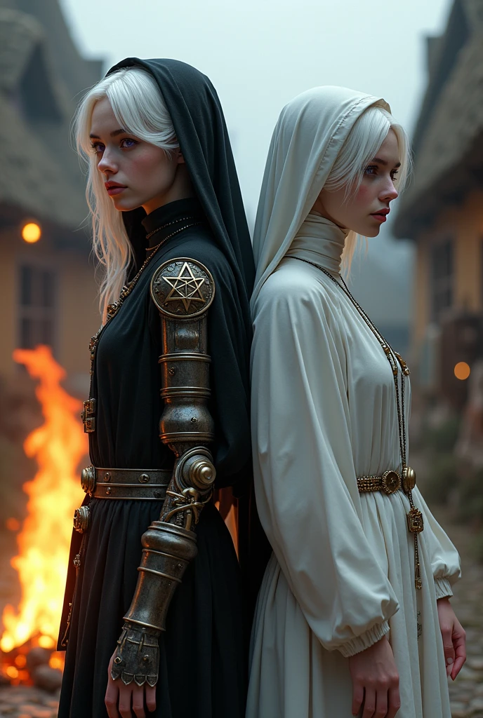 Two 1 albino girls from the Middle Ages with white hair and violet eyes, back to back, the one on the left wearing black alchemist clothes and her left arm with a steampunk prosthesis with a pentagram, and the sister on the right wearing white nun clothes and a cross necklace., facing a bonfire in a village.