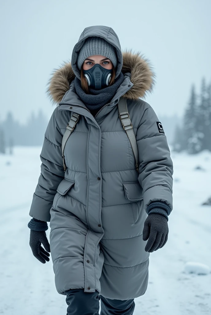 make a image of a  wearing a grey thick down padded puffer winter coat with a fur collar hood and she wears a balaclava she wears padded trousers wears thick synthetic gloves on and she wears a respiratory mask and she is in a arctic land