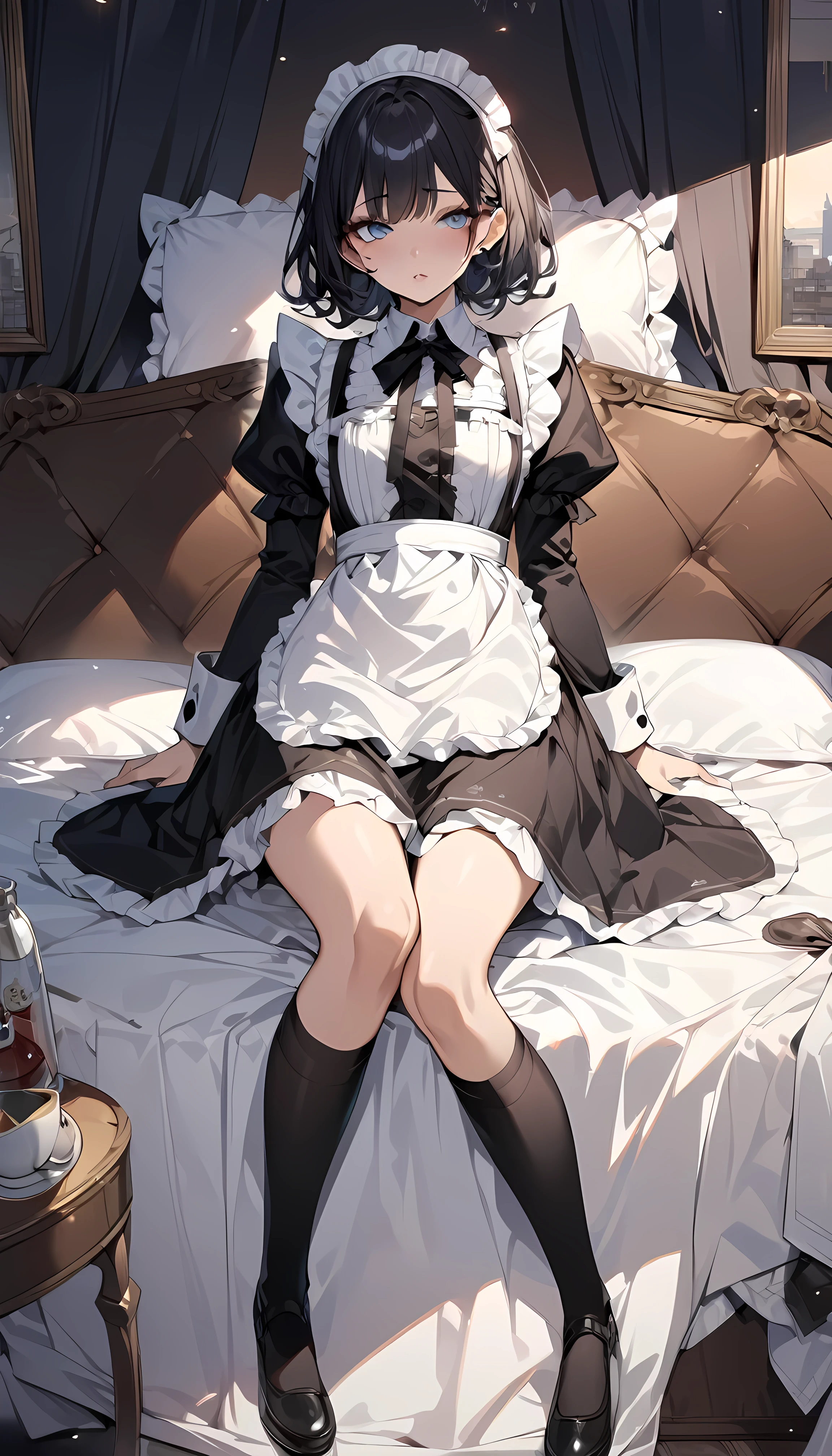 (Surreal)、(High resolution)、(8k)、(Very detailed)、(Best illustrations)、(Beautiful and detailed eyes:1.0)、Highest quality:1.0,maid,Knee-high socks,Absolute area,Natural Lip,Bob Hair、He comes to wake me up in bed
