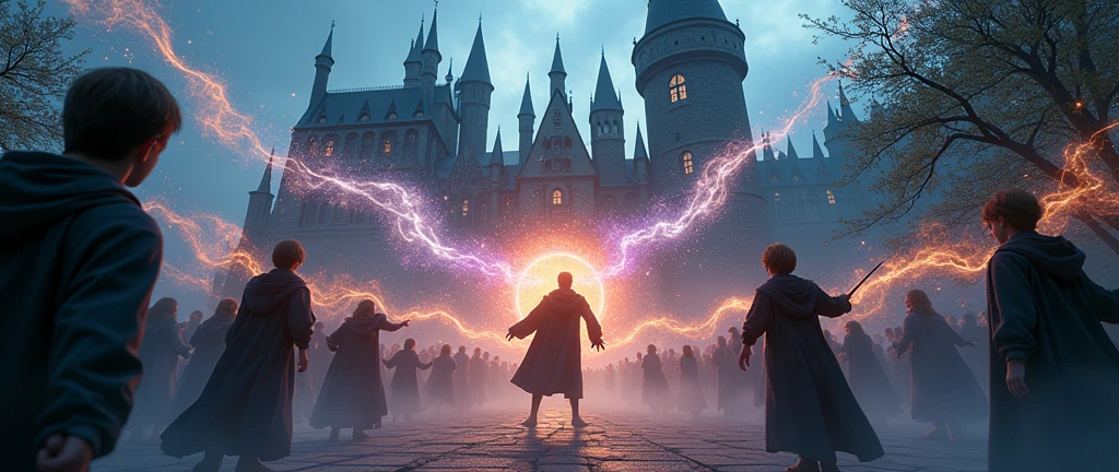 Harry Potter and his friends conjuring against the dementors. With many colors and sparkles surrounding them outside the house of Griffindor.