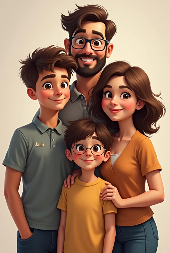 Add a parent in the middle of the two, with a very young appearance with glasses and on his Polo says Jamie. The tall brother is not so tall, The difference between the two is not much and the top is a little more curly and thick.