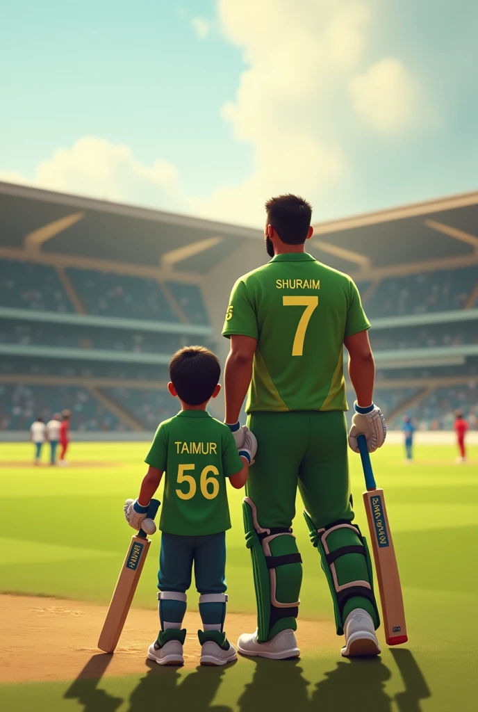 5year old nephew in green t-shirts with 21year old uncle with beard in a cricket going to batting against India the nephew name on t-shirts is Taimur back side and t-shirts number is 56 and the uncle name on t-shirts is SHURAIM and t-shirts number is 7 back side