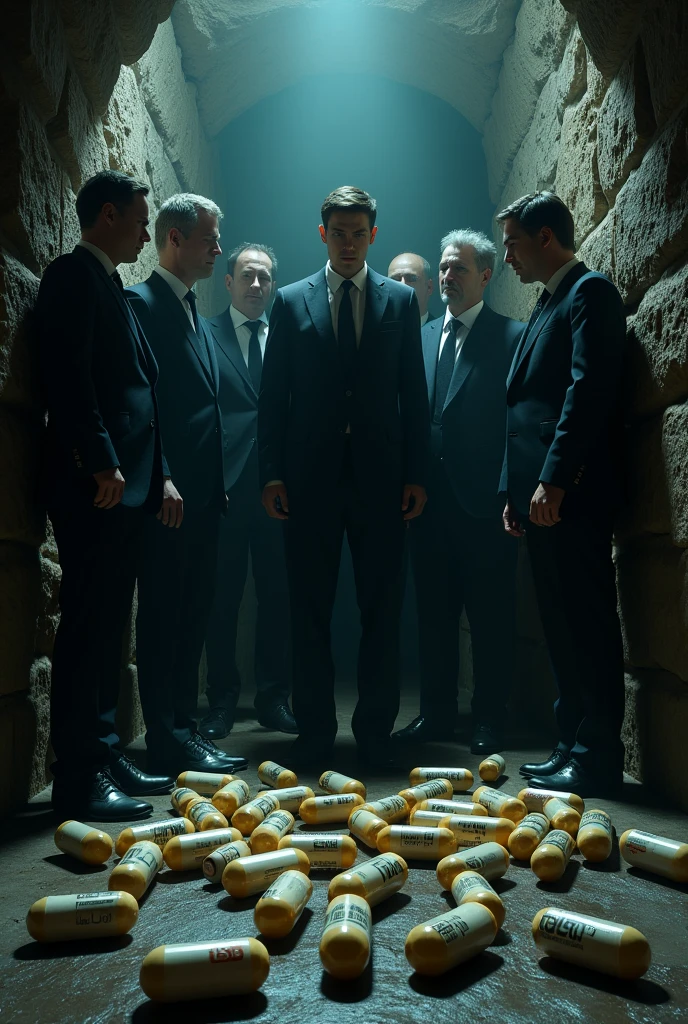 Rich people in a cellar with medication capsules with names km