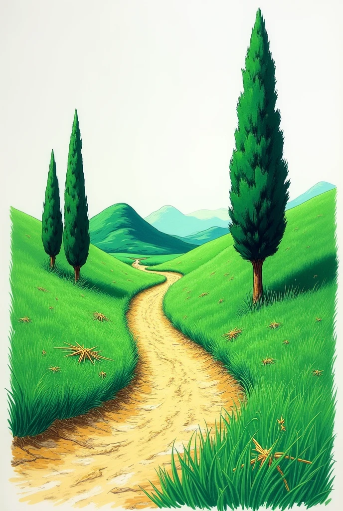 A landscape drawing using the bichrome technique, In the landscape you can see a dirt road with 3 cypress trees(Two on my right and one on the left, this one being a little further away than the other 2 ), straw in the grass and a hill behind. The colors should be bright and cheerful BICHROMY; GREEN AND PURPLE are the colors of the entire drawing