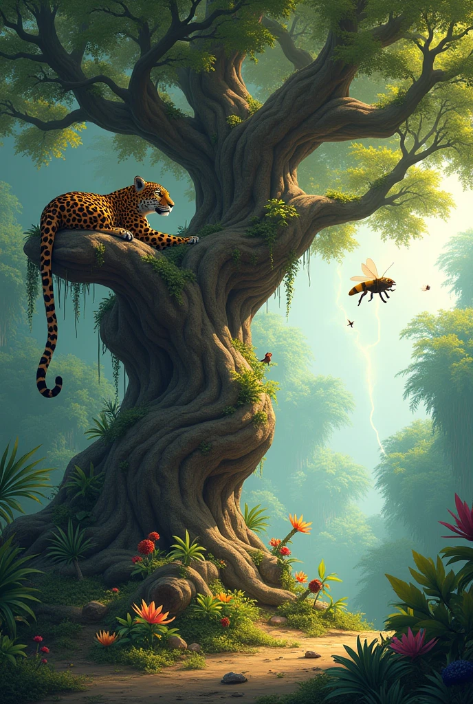 Generates an image of a ceiba tree with a bee, good, lazy, jaguar and other animals above, to draw