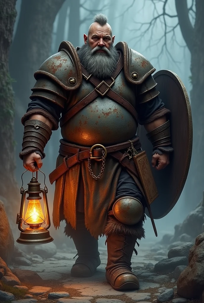 A dark grim fantasy dwarf wearing rusty full plate armour, fit middle-age, with a long beard short hair, holding a lantern in one hand and a shield with the other, an ancient spell book tied to his belt