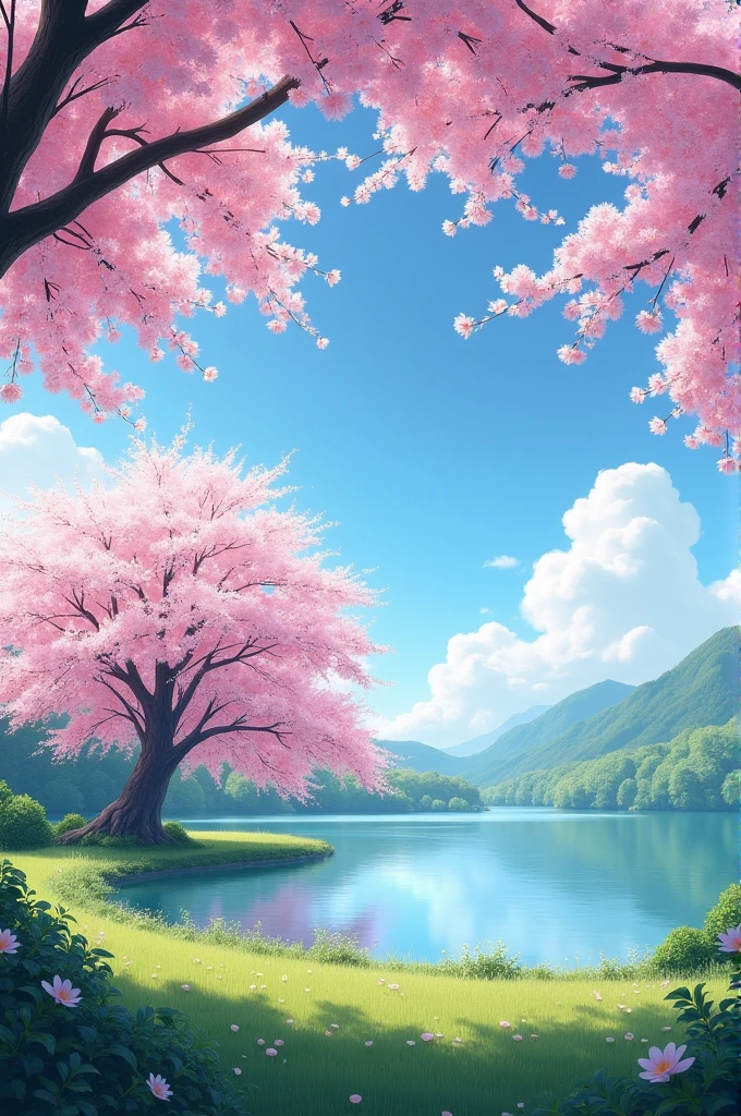A cherry tree in a park, behind him a lake as a background