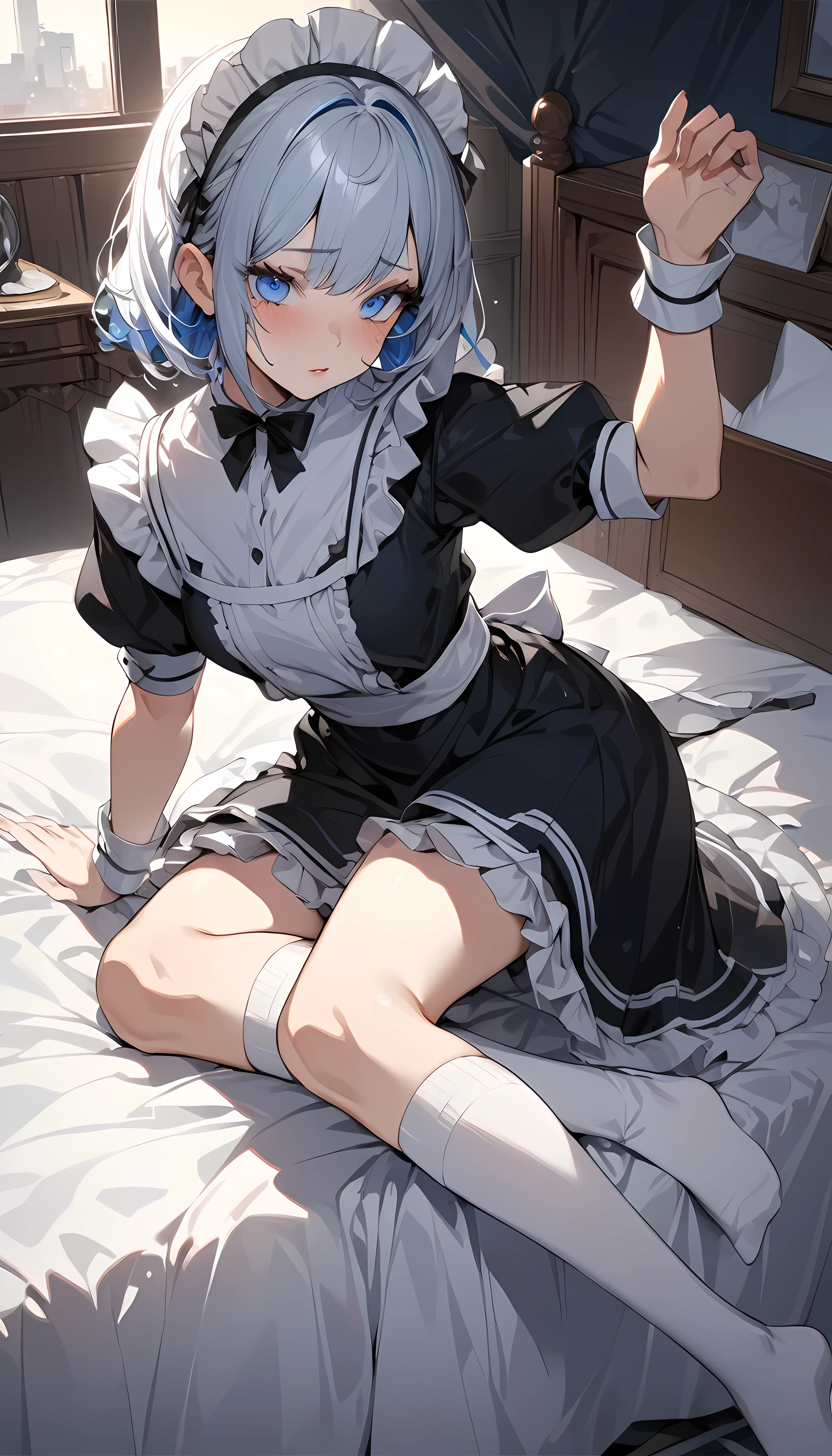 (Surreal)、(High resolution)、(8k)、(Very detailed)、(Best illustrations)、(Beautiful and detailed eyes:1.0)、Highest quality:1.0,maid,Knee-high socks,Absolute area,Natural Lip,Bob Hair、He comes to wake me up in bed