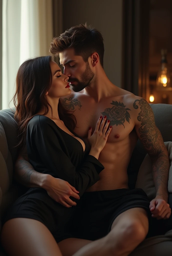Une femme brune en pyjama , avec un nez en trompette très belle, avec un homme style motard cheveux dégradé court brun  musclé, avec des épaules large, avec un nez droit, ténébreux, très beau et tatouée, plus grand qu’elle en califourchon sur d’elle. Leur visage son proche. Sur un canapé dans un grand appartement. Avec une ambiance un peu sombre