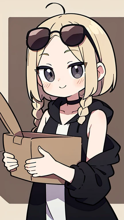 Beige hair color, center parted bangs, forehead exposed, no hair antennae, sunglasses, black sleeveless hoodie, shoulder-length bob hair, fluffy long braids on both sides, holding a cardboard box containing materials with care, gray eyes, smiling, shy, choker, adult woman, cheek dye